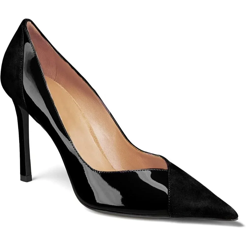 Women's Black Pointed Toe High Heels Pumps Patent Suede Stiletto Heel Slip on